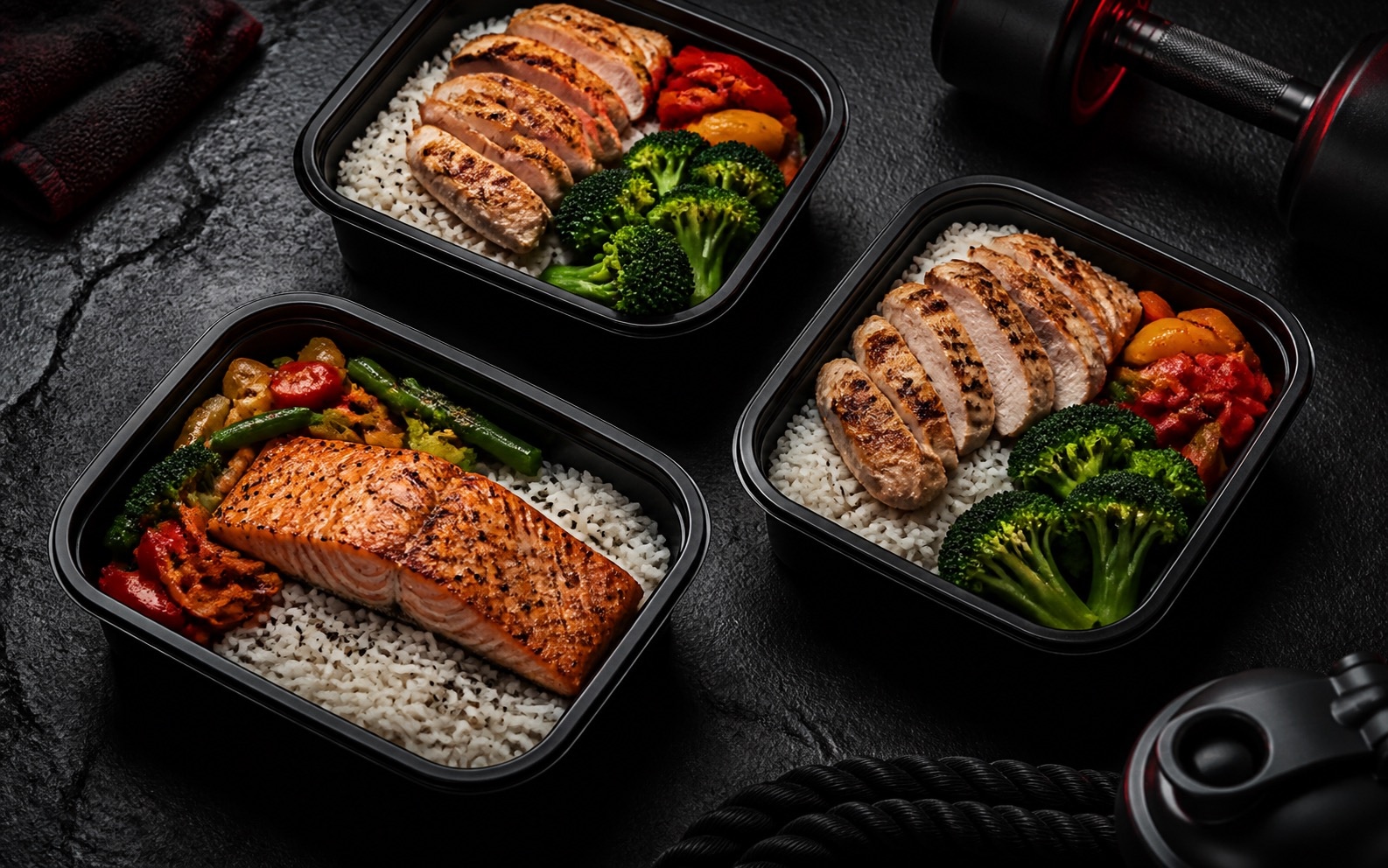 Meal-Prep-Boxen mit Lachs, Hähnchen, Reis und Gemüse