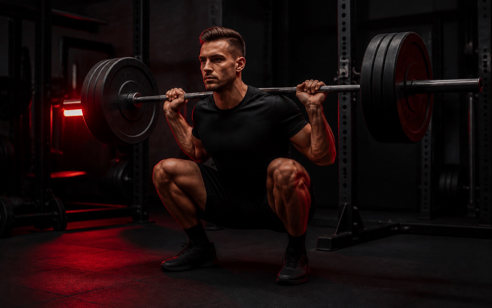 Athlet beim schweren Kniebeugen im Gym mit rotem Licht